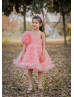 One Shoulder Peach Tulle Ruffles Pearls Beaded Flower Girl Dress